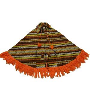 VTG GUATEMALAN PONCHO MADE BY MODERN MAYAN ACRYLIC COTTON BLEND ORANGE FRINGED